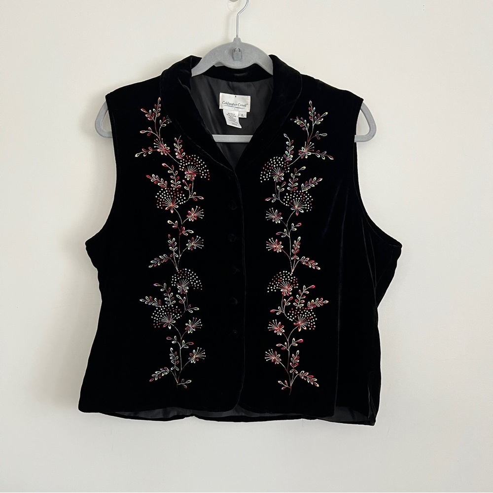 Vintage Coldwater Creek Black Velvet Embroidered Floral Vest L Whimsigoth Fairy